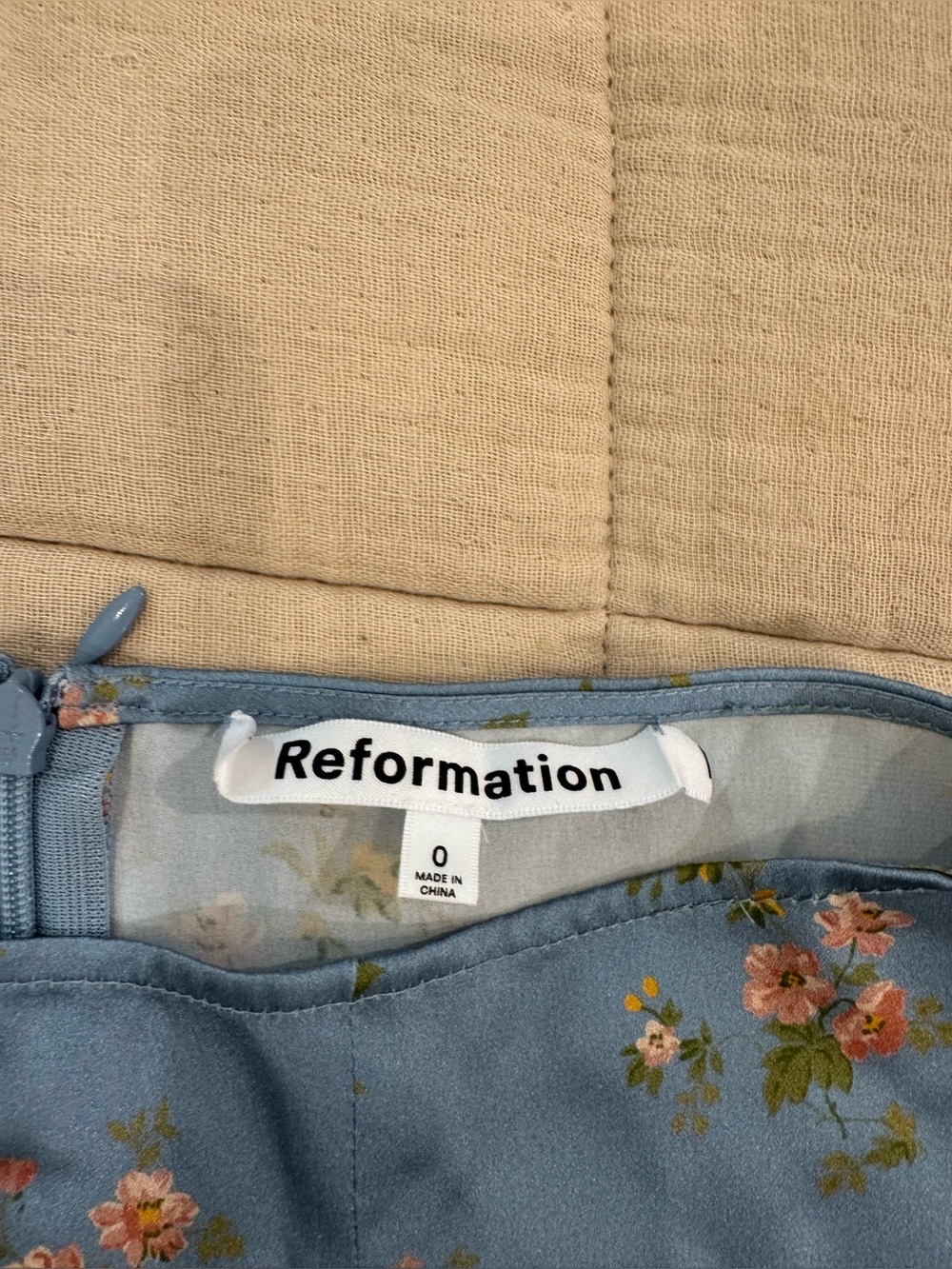 Reformation Satin Blue Floral A-Line Mini Skirt with Front Slit - Picture 4 of 4